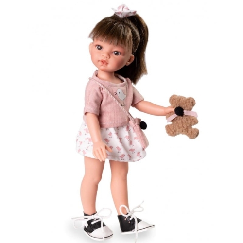 Lalka Hiszpańska 33 cm Antonio Juan 25305 Emily, klasyczna, cała z winylu, w ubranku, brązowe włosy z grzywką, rzęsy, torebka, miś