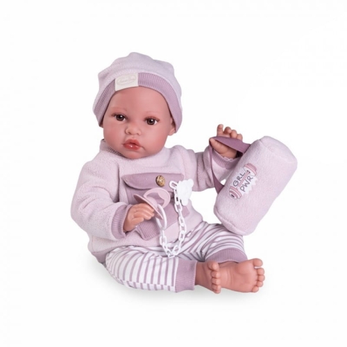 Lalka Hiszpańska 42 cm Antonio Juan 33391 Erika, bobas miękki brzuszek, dziewczynka, bez włosów, rzęsy, w ubranku, smoczek, torebka