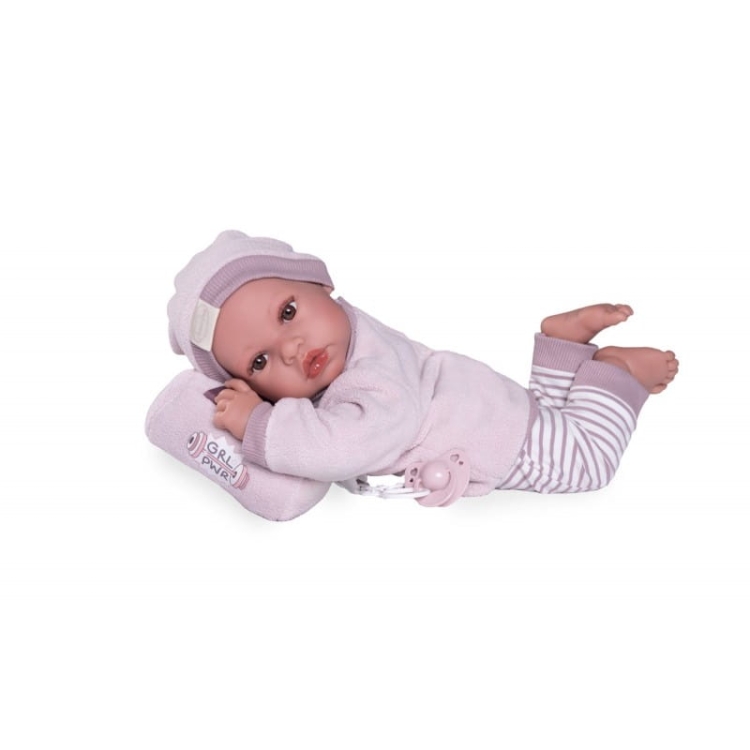Lalka Hiszpańska 42 cm Antonio Juan 33391 Erika, bobas miękki brzuszek, dziewczynka, bez włosów, rzęsy, w ubranku, smoczek, torebka