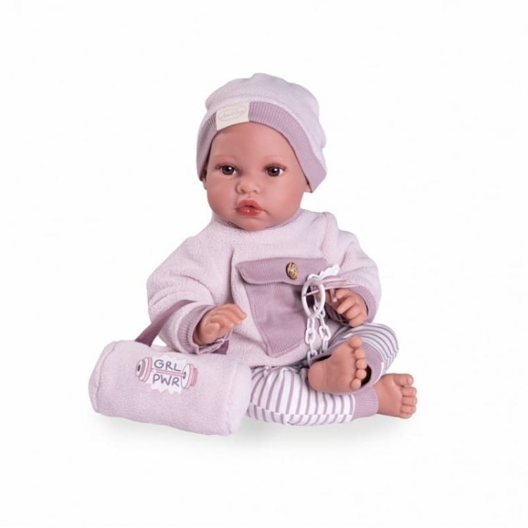 Lalka Hiszpańska 42 cm Antonio Juan 33391 Erika, bobas miękki brzuszek, dziewczynka, bez włosów, rzęsy, w ubranku, smoczek, torebka