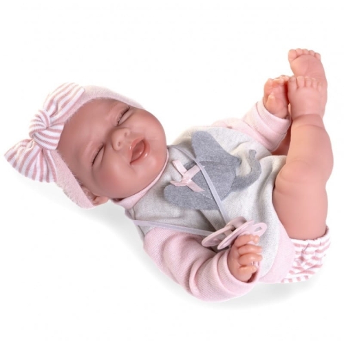 Lalka Hiszpańska 34 cm Antonio Juan 70401 śpiąca Lluna Posturitas, bobas, miękki brzuszek, oczy zamknięte na stałe, w ciele stelaż, który pozwala na zmiany pozycji, w ubranku, smoczek