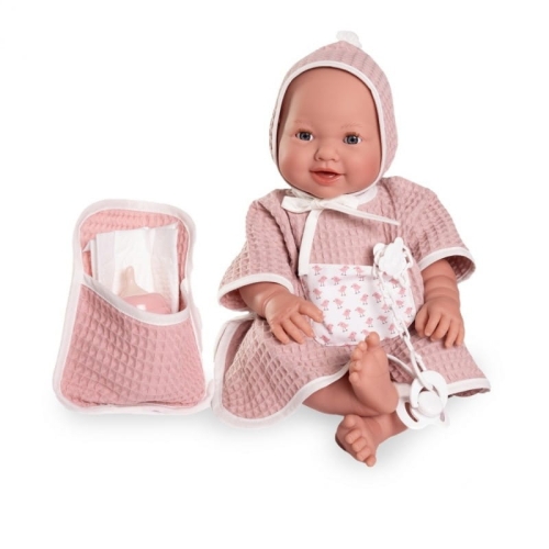 Lalka Hiszpańska 42 cm Antonio Juan 50417 Mia, bobas cały z winylu, dziewczynka, zamyka oczy, pije z buteleczki i robi siku, bez włosów, rzęsy, ubranko, smoczek, buteleczka, pieluszka pampers, torebeczka na akcesoria, wanienka do kąpieli