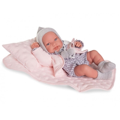 Lalka Hiszpańska 42 cm Antonio Juan 50425 Pipa, bobas cały z winylu, dziewczynka, bez włosów, rzęsy, imitacja śliny w kąciku ust, ubranko, smoczek, poduszka i kołderka