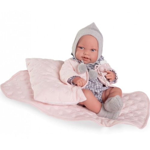 Lalka Hiszpańska 42 cm Antonio Juan 50425 Pipa, bobas cały z winylu, dziewczynka, bez włosów, rzęsy, imitacja śliny w kąciku ust, ubranko, smoczek, poduszka i kołderka