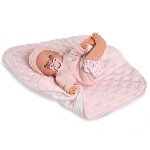 Lalka Hiszpańska 37 cm Antonio Juan 14365 Bimba, bobas miękki brzuszek, płacze, zamyka oczy, rzęsy, w ubranku, smoczek, kołderka