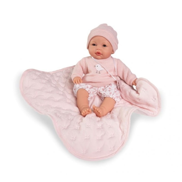 Lalka Hiszpańska 37 cm Antonio Juan 14365 Bimba, bobas miękki brzuszek, płacze, zamyka oczy, rzęsy, w ubranku, smoczek, kołderka