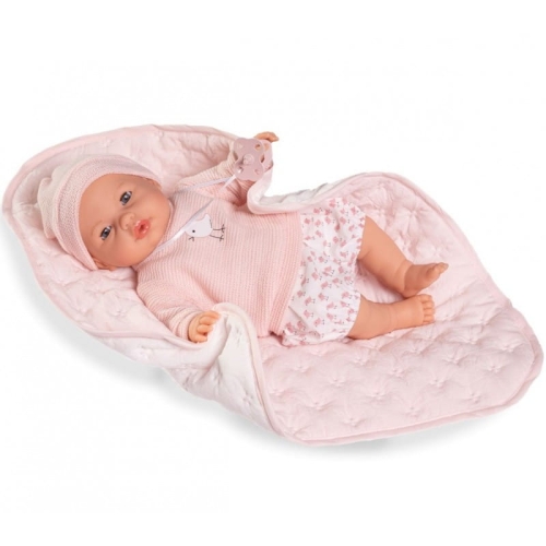 Lalka Hiszpańska 37 cm Antonio Juan 14365 Bimba, bobas miękki brzuszek, płacze, zamyka oczy, rzęsy, w ubranku, smoczek, kołderka