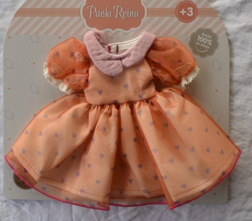 Oryginalne ubranko Paola Reina dla lalki 32 cm Amigas 54692, sukienka z bufkami i kołnierzykiem, majteczki