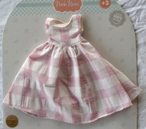 Oryginalne ubranko Paola Reina dla lalki 32 cm Amigas 54694, długa sukienka w biało-różową kratę, majteczki