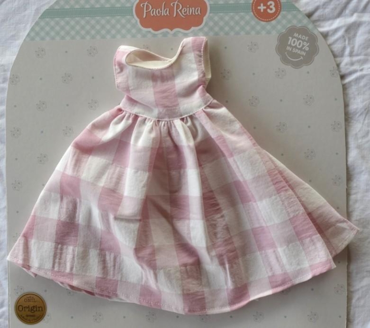 Oryginalne ubranko Paola Reina dla lalki 32 cm Amigas 54694, długa sukienka w biało-różową kratę, majteczki
