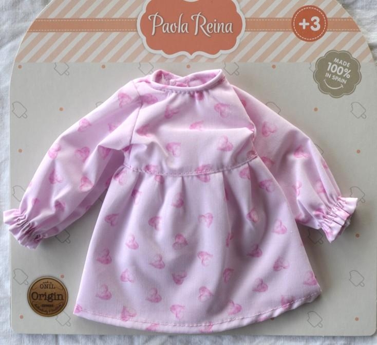 Oryginalne ubranko Paola Reina dla lalki 32 cm Amigas 54686, różowa sukienka w serduszka długi rękaw, majteczki