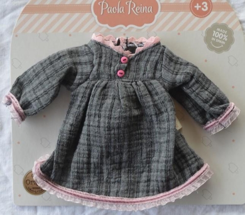Oryginalne ubranko Paola Reina dla lalki 32 cm Amigas 54687, sukienka szara w delikatną krateczkę długi rękaw, majteczki