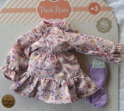 Oryginalne ubranko Paola Reina dla lalki 32 cm Amigas 54706, sukienka w kwiatuszki, fioletowe skarpetki, majteczki