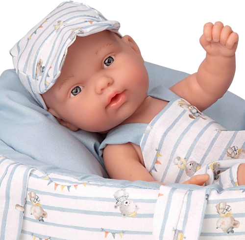 Lalka Hiszpańska 26 cm Arias 50895 bobas bez włosów, cała z winylu, w ubranku i nosidełko