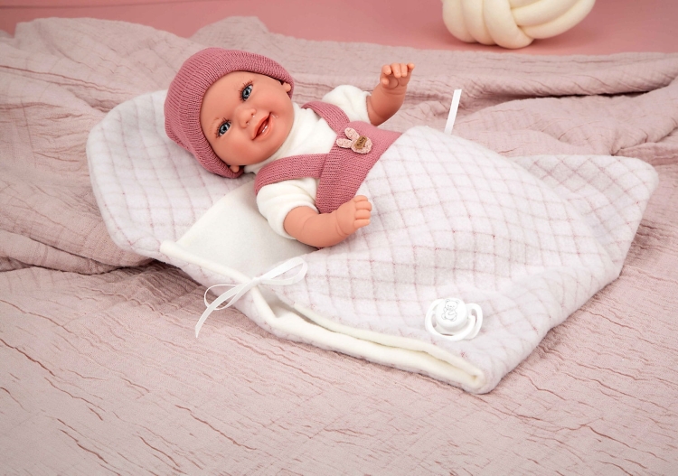 Lalka Hiszpańska 35 cm Arias 60899 bobas bez włosów miękki brzuszek, w ubranku, smoczek, kocyk