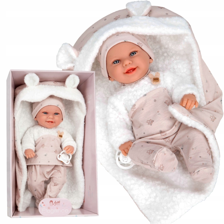 Lalka Hiszpańska 33 cm Arias 60871 cała z winylu, bobas bez włosów chłopiec, w ubranku, smoczek, kocyk z kapturem i uszkami