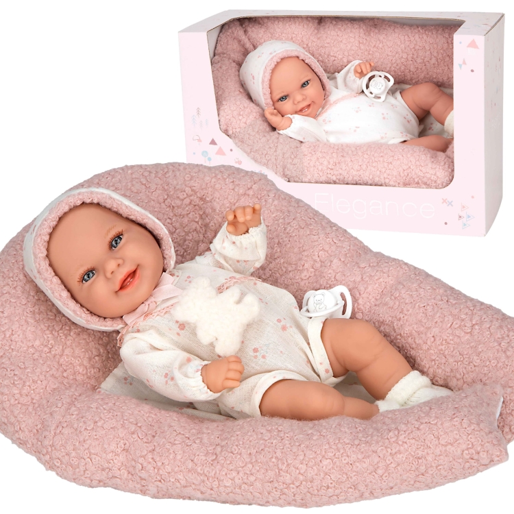 Lalka Hiszpańska 35 cm Arias 60870 bobas bez włosów miękki brzuszek, w ubranku, smoczek, poduszka kokon