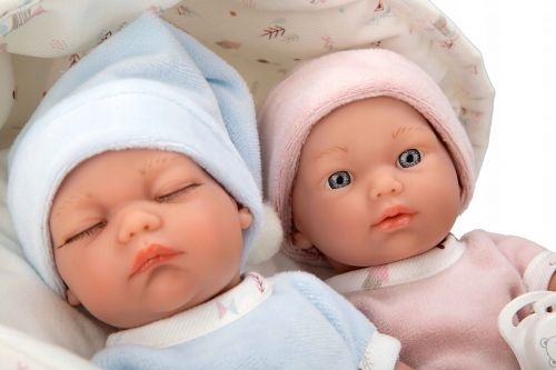 Lalki hiszpańskie 26 cm Arias 50866 bobasy bez włosów, całe z winylu, dwie laleczki bobasy bliźnięta w ubrankach niebieskim i różowym, smoczki, nosidełko