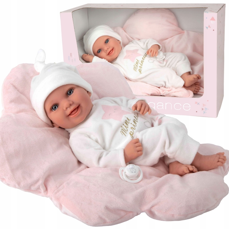Lalka Hiszpańska 40 cm Arias 60905 bobas bez włosów miękki brzuszek, w ubranku, smoczek, poduszka śpiworek