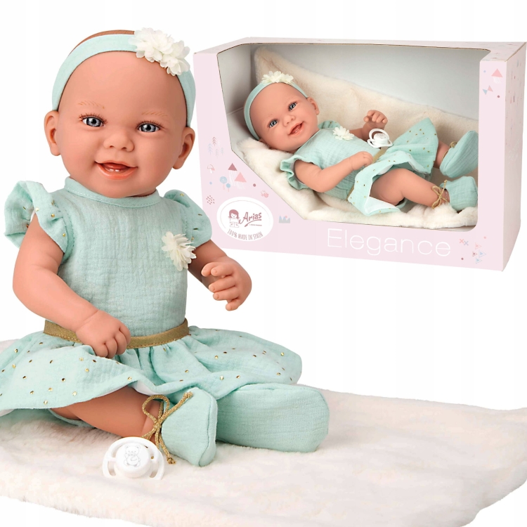 Lalka Hiszpańska 42 cm Arias 65388 cała z winylu, bobas dziewczynka, w ubranku, kocyk, smoczek