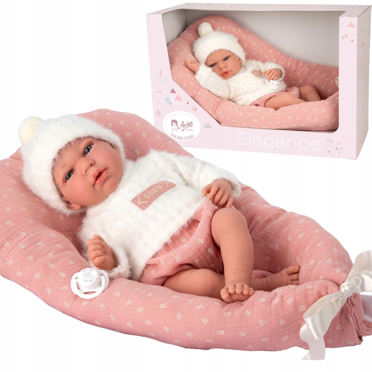 Lalka Hiszpańska 40 cm Arias 60901 bobas bez włosów miękki brzuszek, w ubranku, smoczek, poduszka kokon
