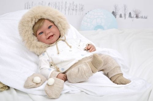 Lalka Hiszpańska 45 cm Arias 65379 bobas jasne krótkie włosy miękki brzuszek, w ubranku, smoczek