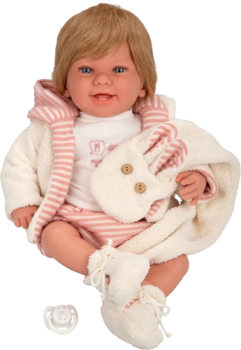 Lalka Hiszpańska 45 cm Arias 65391 bobas krótkie jasne włosy miękki brzuszek, w ubranku, smoczek