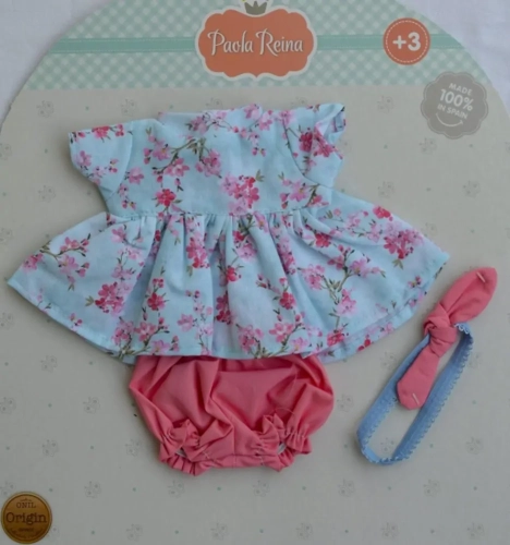 Oryginalne ubranko Paola Reina dla lalki 32 cm Bobas Minipikolina 55130 błękitna sukienka w różowe kwiatuszki, opaska na głowę, różowe bloomersy