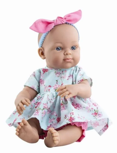 Oryginalne ubranko Paola Reina dla lalki 32 cm Bobas Minipikolina 55130 błękitna sukienka w różowe kwiatuszki, opaska na głowę, różowe bloomersy