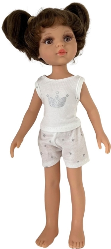 Lalka Hiszpańska 32 cm Paola Reina Amigas 13227 Carol, klasyczna, cała z winylu, w piżamce, brązowe włosy, brązowe oczy