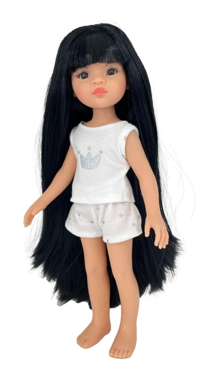 Lalka Hiszpańska 32 cm Paola Reina Amigas 13235 Liu w piżamce, proste długie czarne włosy z grzywką, ciemne oczy