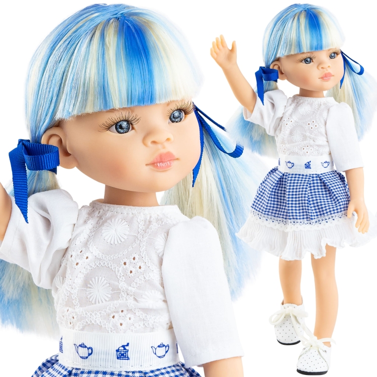 Lalka Hiszpańska 32 cm Paola Reina Amigas 04534 Cassandra, klasyczna, cała z winylu, niebieskie oczy, niebieskie z białymi pasemkami włosy z grzywką, bluzka, spódniczka, buciki