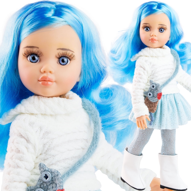 Lalka Hiszpańska 32 cm Paola Reina Amigas 04535 Kiara, klasyczna, cała z winylu, niebieskie oczy, niebieskie włosy, sweterek, spódniczka, rajstopy, torebka, białe kozaczki