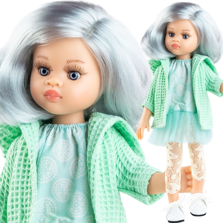 Lalka Hiszpańska 32 cm Paola Reina Amigas 04536 Kira, klasyczna, cała z winylu, niebieskie oczy, białe perłowe z odcieniem niebieskiego włosy, tunika, zielony płaszczyk z kapturem, koronkowe legginsy, wiązane białe buciki
