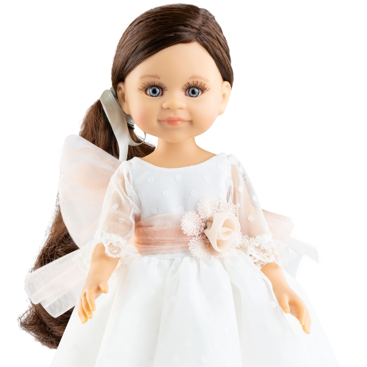 Lalka Hiszpańska 32 cm Paola Reina Amigas 04549 Cleo, klasyczna, cała z winylu, niebiesko-szare oczy, brązowe włosy, długa balowa sukienka, majteczki, buciki