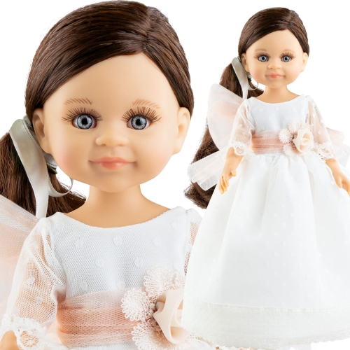 Lalka Hiszpańska 32 cm Paola Reina Amigas 04549 Cleo, klasyczna, cała z winylu, niebiesko-szare oczy, brązowe włosy, długa balowa sukienka, majteczki, buciki
