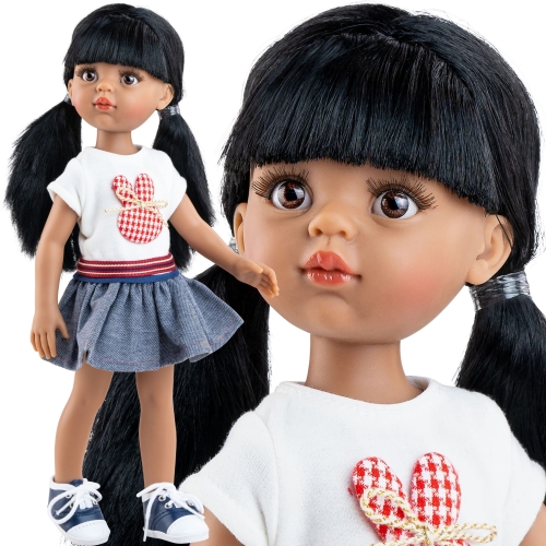 Lalka Hiszpańska 32 cm Paola Reina Amigas 04684 Caya, klasyczna, cała z winylu, ciemna skóra, brązowe oczy, czarne włosy z grzywką spięte w dwa kucyki, bluzeczka, spódniczka, trampki