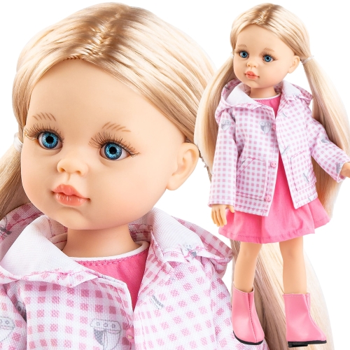 Lalka Hiszpańska 32 cm Paola Reina Amigas 04685 Rosa, klasyczna, cała z winylu, niebieskie oczy, jasnoblond perłowe włosy spięte w dwa kucyki, różowa kurteczka z kapturem i kieszeniami, różowa sukienka, majteczki, różowe botki