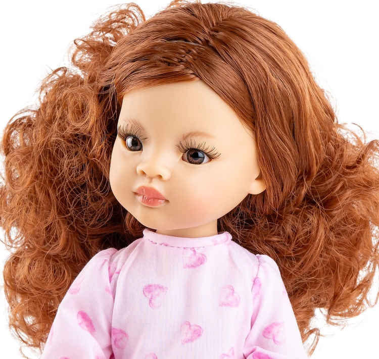Lalka Hiszpańska 32 cm Paola Reina Amigas 04686 Celia, klasyczna, cała z winylu, brązowe oczy, rude kręcone włosy, różowa sukienka długi rękaw, majteczki, buciki kotki