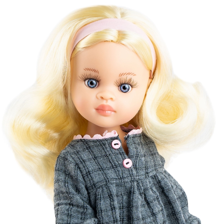 Lalka Hiszpańska 32 cm Paola Reina Amigas 04687 Laura, klasyczna, cała z winylu, niebieskie oczy, jasnoblond włosy, szara sukienka w krateczkę, majteczki, opaska na głowę, różowe buciki