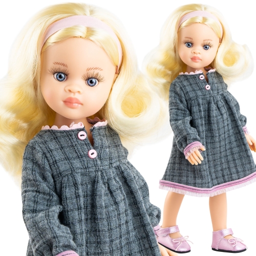 Lalka Hiszpańska 32 cm Paola Reina Amigas 04687 Laura, klasyczna, cała z winylu, niebieskie oczy, jasnoblond włosy, szara sukienka w krateczkę, majteczki, opaska na głowę, różowe buciki