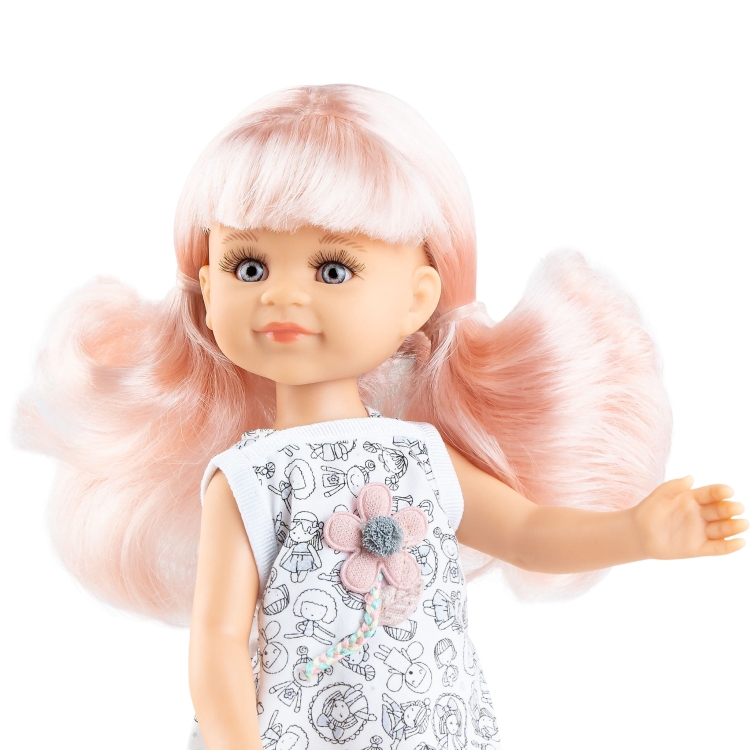 Lalka Hiszpańska 32 cm Paola Reina Amigas 04688 Cleo, klasyczna, cała z winylu, niebiesko-szare oczy, jasne perłowe włosy z odcieniem delikatnego różu, kombinezon, buciki