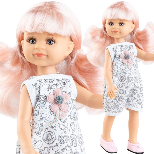 Lalka Hiszpańska 32 cm Paola Reina Amigas 04688 Cleo, klasyczna, cała z winylu, niebiesko-szare oczy, jasne perłowe włosy z odcieniem delikatnego różu, kombinezon, buciki