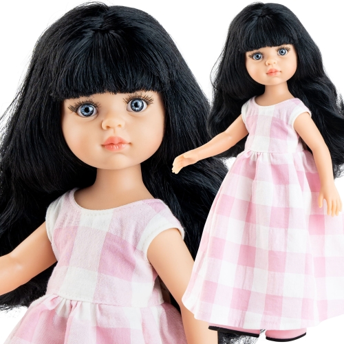 Lalka Hiszpańska 32 cm Paola Reina Amigas 04694 Carina, klasyczna, cała z winylu, niebieskie oczy, czarne długie do pasa włosy z grzywką, długa sukienka w biało-różową kratę, majteczki, buciki