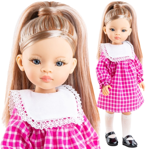 Lalka Hiszpańska 32 cm Paola Reina Amigas 04696 Cassandra, klasyczna, cała z winylu, niebieskie oczy, perłowe włosy z pasemkami, różowa sukienka w kratkę, majteczki, podkolanówki, buciki
