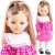 Lalka Hiszpańska 32 cm Paola Reina Amigas 04696 Cassandra, klasyczna, cała z winylu, niebieskie oczy, perłowe włosy z pasemkami, różowa sukienka w kratkę, majteczki, podkolanówki, buciki
