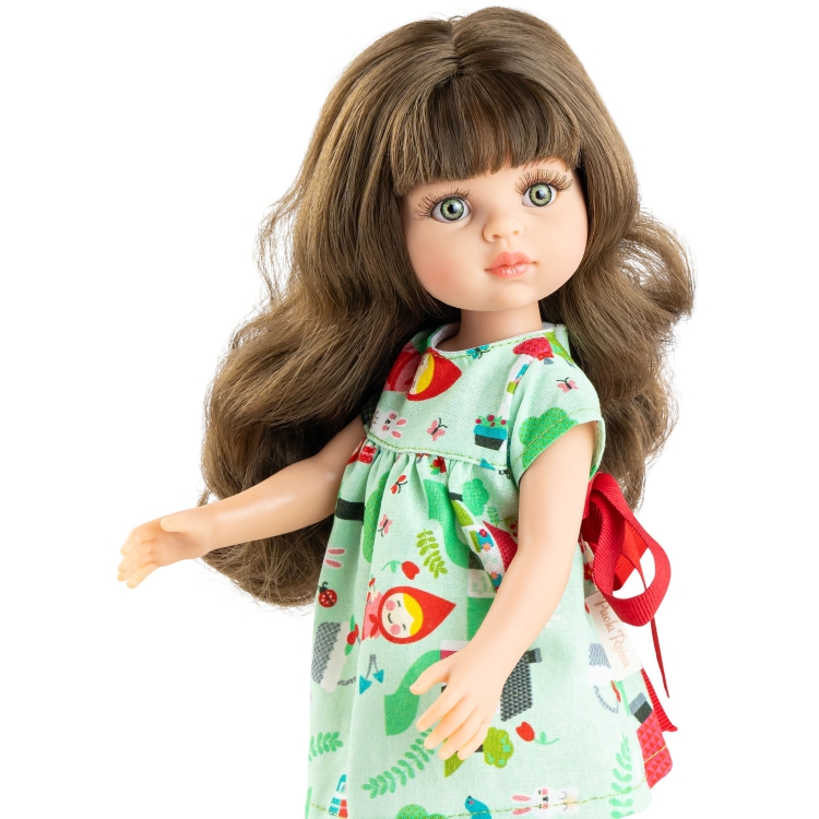 Lalka Hiszpańska 32 cm Paola Reina Amigas 04697 Carol, klasyczna, cała z winylu, zielone oczy, brązowe włosy z grzywką, sukienka, majteczki, buciki