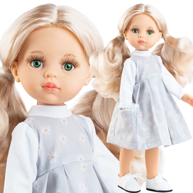 Lalka Hiszpańska 32 cm Paola Reina Amigas 04704 Rosa, klasyczna, cała z winylu, zielone oczy, jasne perłowe włosy spięte w dwa kucyki, sukienka, majteczki, białe wiązane buciki
