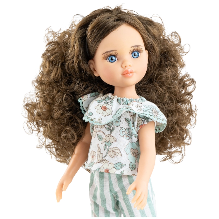 Lalka Hiszpańska 32 cm Paola Reina Amigas 04705 Carmen, klasyczna, cała z winylu, niebieskie oczy, brązowe kręcone włosy, bluzeczka, spodnie, buciki