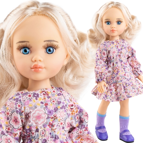 Lalka Hiszpańska 32 cm Paola Reina Amigas 04706 Clara, klasyczna, cała z winylu, niebieskie oczy, białe perłowe włosy, sukienka w kwiatuszki długi rękaw, podkolanówki, buciki
